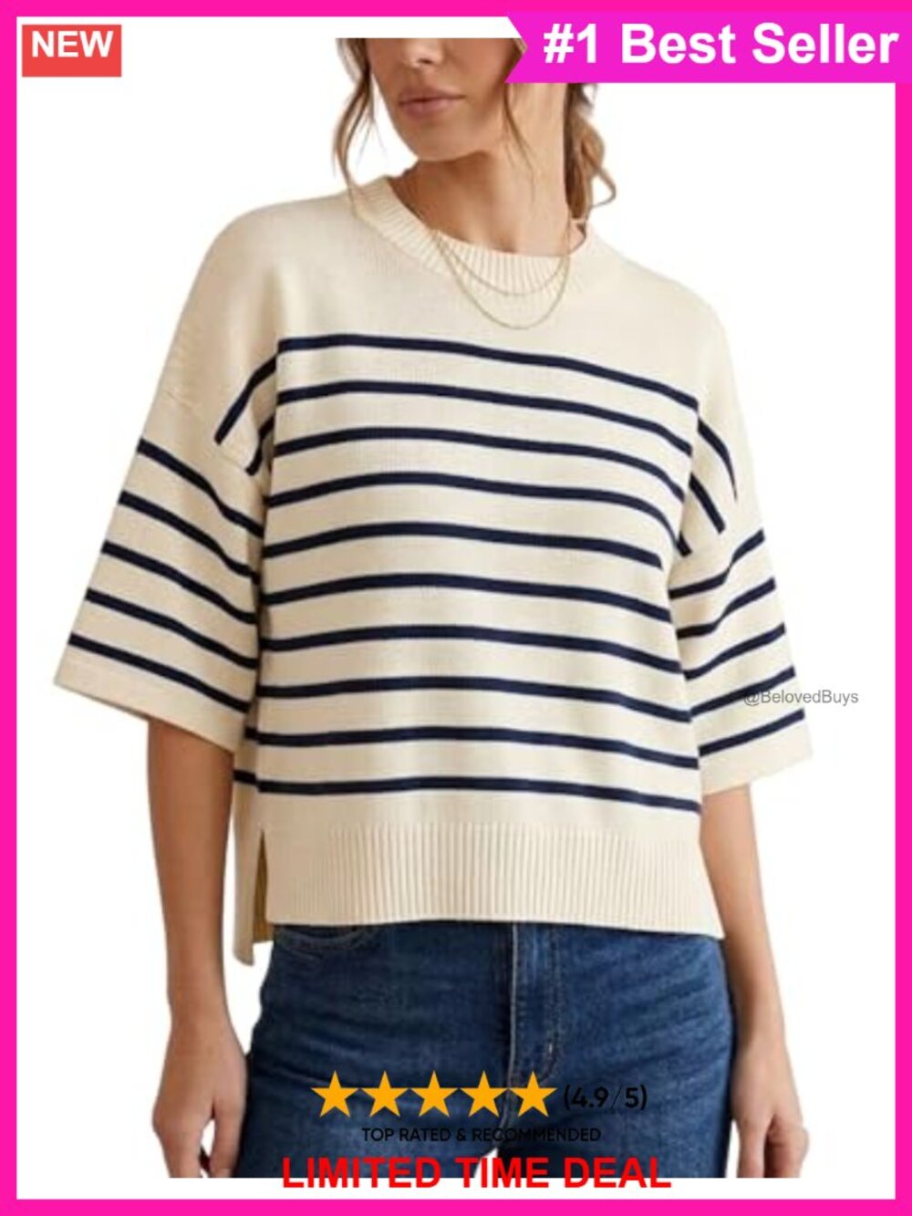 Women's Striped Short Sleeve Sweater Crewneck Knit Pullover with Side Slits